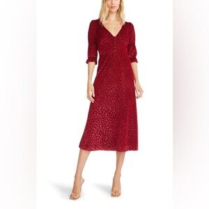Betsey Johnson Red Velvet Burnout Animal Print Midi Dress 3/4 Sleeves
